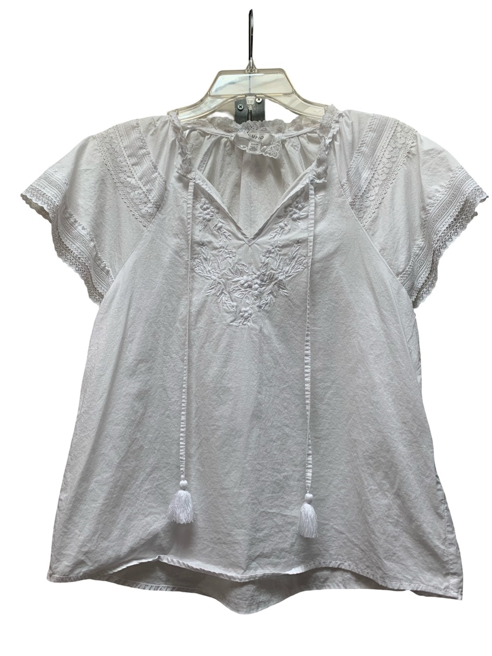 Cupio White Embroidered Peasant Blouse with Tassel Ties